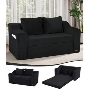 MeMoreCool Convertible Sofa Bed, Pull Out Loveseat Sofa Sleeper Couch for Bedroom Living Room Lounge, 2 in 1 Small Couch Bed with Pillow, Foldable Love Seat Futon Corduroy Black