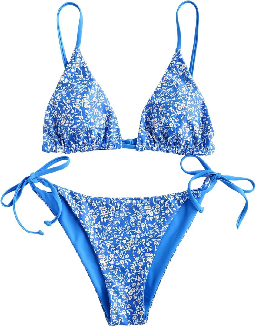 ZAFUL Women's Triangle Bikini Floral String Bikini Set Two Piece Swimsuit Bathing Suits (Medium, 2-ocean Blue)