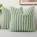 decorUhome Faux Fur Throw Pillow Covers 20x20 Set of 2, Decorative Soft Plush Striped Neutral Couch Pillow Covers with Velvet Back for Sofa, Bed, Living Room Home Decor, Sage Green