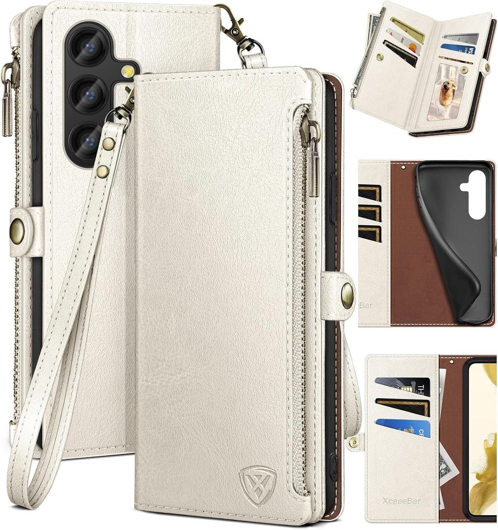 XcaseBar for Samsung Galaxy S24 5G Wallet case with Zipper Credit Card Holder RFID Blocking,Flip Folio Book PU Leather Shockproof Protective Cover Women Men for Samsung S24 Phone case White