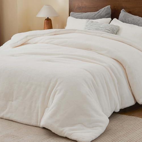 BEDELITE Faux Fur Fleece King Comforter Set - Fluffy & Warm Cream White Comforter King SizeUltra Soft and Cozy Winter Bedding Set,Fuzzy Thick Bed Set,1 Comforter and 2 Pillowcases
