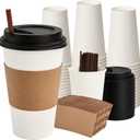 RACETOP 16 oz 100 Pack Disposable Paper Coffee Cups with Lids, Sleeves and Stirrers, Hot Cups, Paper Cups with Lids, Sleeves and Stirrers, Ideal for Home/Office