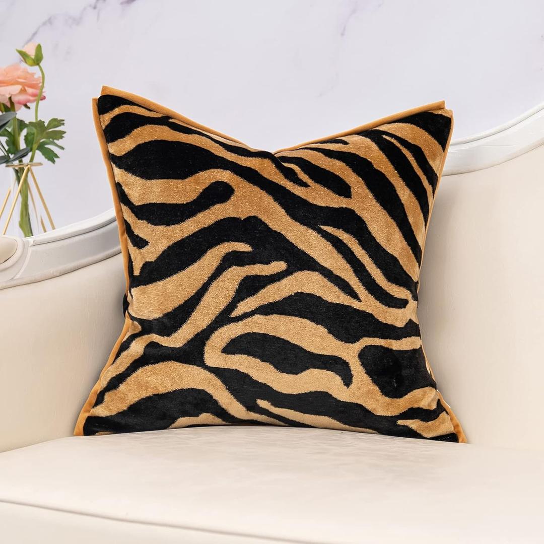 Yangest Black and Gold Square Pillow Cover Cut Velvet Zebra Print Cushion Cover Luxury Modern Pillowcover for Couch Living Room Bedroom,18x18 Inch