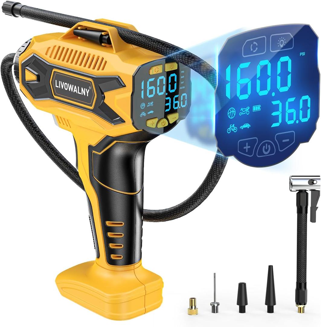 Tire Inflator Air Compressor Compatible with DeWalt 20V Battery Power, LIVOWALNY 160PSI Cordless Portable Electric Air Pump with Digital Pressure Gauge for Car Motorcycles Bike Ball Auto (No Battery)