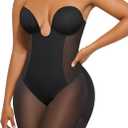 SHAPELLX Strapless Shapewear for Women Deep Plunge Corset Tummy Control Backless Bodysuit Mid Thigh Full Body Shaper (Medium, 01-Black-Standard Cup (B-D))