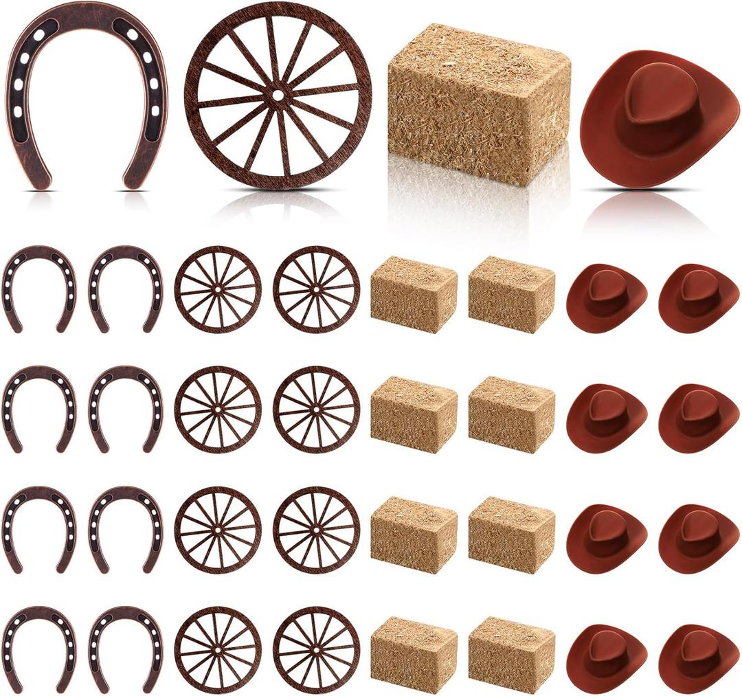 Junkin 32 Pieces Western Party Decorations 8 Mini Horseshoes 8 Simulated Haystack 8 Brown Miniature Cowboy Hats 8 Wooden Wheels for Cowboy Cowgirls Vintage Western Horseshoe Derby Party Supplies
