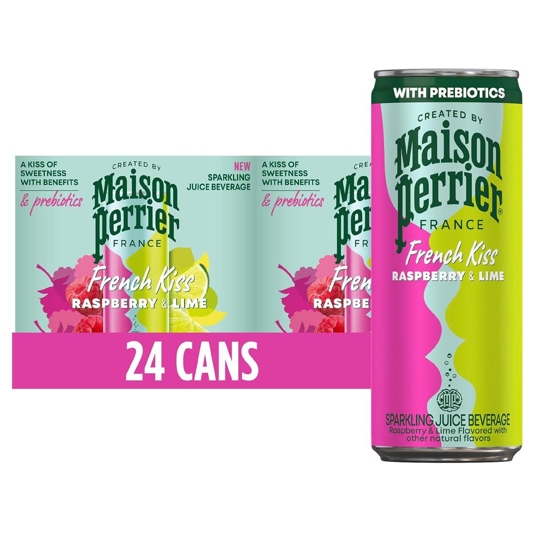 Maison Perrier French Kiss Sweetened Sparkling Water, Raspberry & Lime | Made with Real Fruit Juices and prebiotics, there's so much to love! It's a kiss of sweetness with benefits! 24 pack. BBD 08/04/27