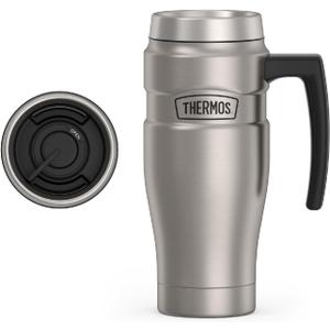 THERMOS Stainless King VacuumInsulated Travel Mug with Handle  16oz, Matte Steel  Thermos Tumbler for Hot & Cold Drinks  LeakProof & SweatProof Stainless Steel Coffee Mug with Lid for Commuting