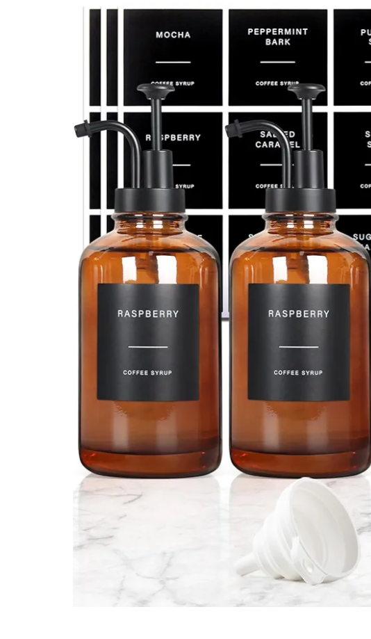Coffee Syrup Dispenser, Set of 2 Amber Glass Syrup Bottle w. Pump and Labels, 16.9 oz 500ml Glass Syrup Bottle with Pump, Farmhouse Syrup Dispenser for Coffee Bar, Ideal Gift