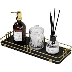Bathroom Vanity Tray for Countertop Toiletries Perfume Makeup Soap Dispenser Toilet Tank, Kitchen Tray for Salt Spice, Decor Tray for Candle Nightstand Coffee 11.3”x 4.4” Black-Gold