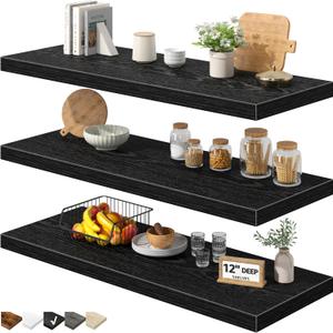 QEEIG 12" Deep Floating Shelves for Wall - 12 x 36 inch Book Shelf Bathroom Bedroom Kitchen Living Room Hanging Bookshelf Farmhouse Set of 3, Black (026-90B3), 12"D x 35.4"W