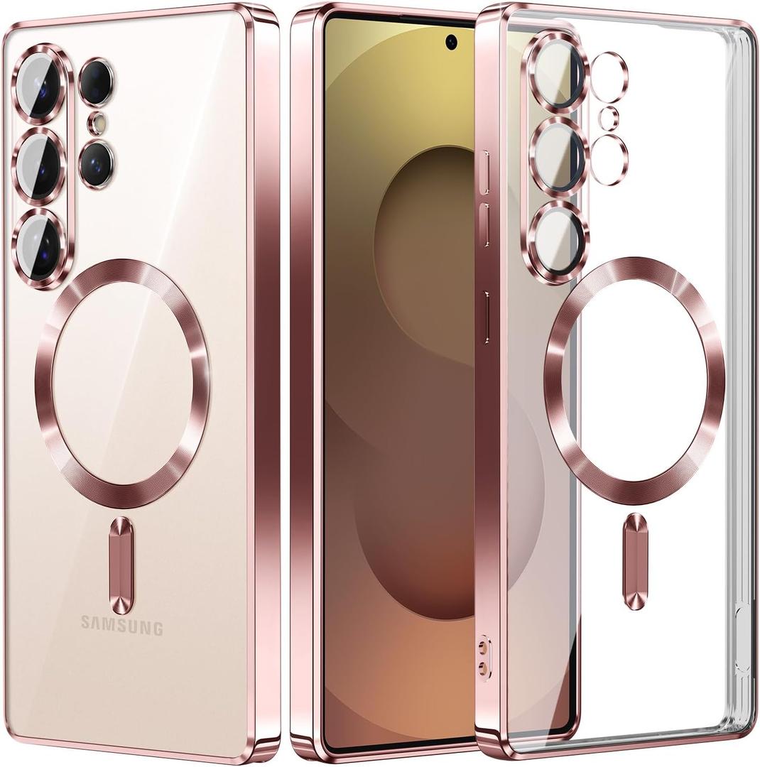 for Samsung Galaxy S25 Ultra Case.Phone Cover Clear Back Surrounding Plating Metallic Glossy.Magnetic Case Slim Thin Soft funda capa para 6.9" Built-in Lens Protector (Rose Gold)