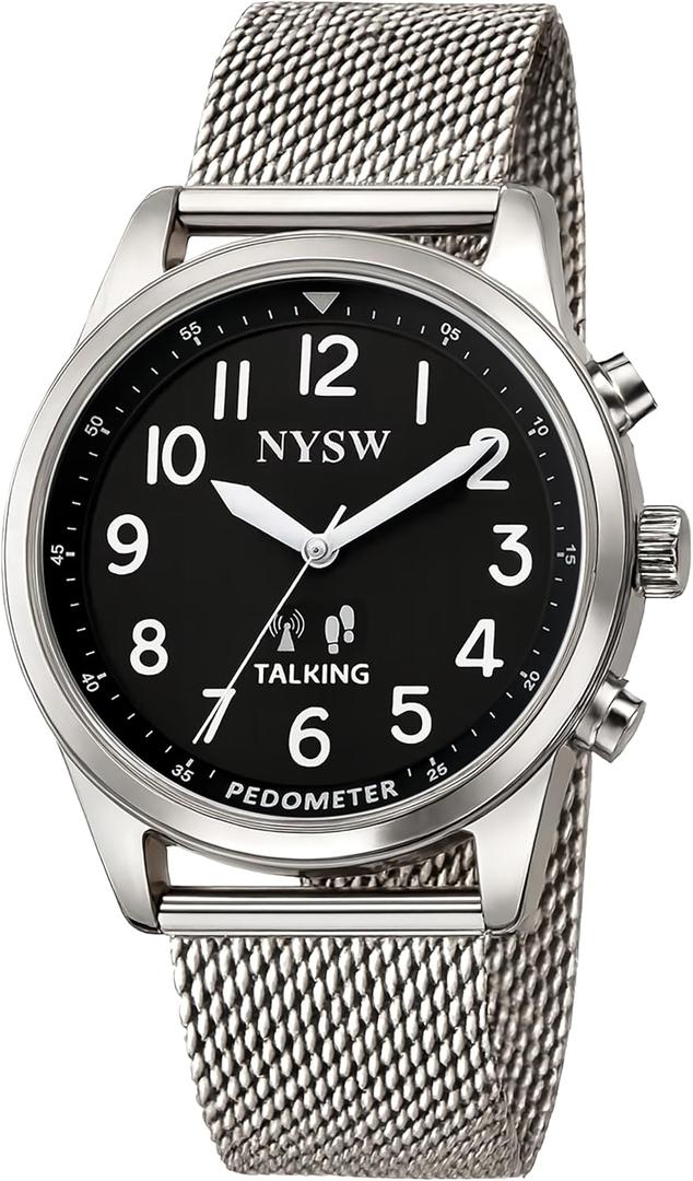 Men’s Atomic Time Sync Analog Pedometer Watch, Walking Step Counter, Calories & Miles, American Voice Announces Time/Date & Steps, No Bluetooth No EMF, Large Display, Stainless Steel Band