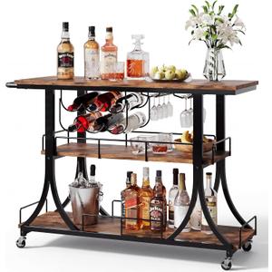 PETKABOO 3-Tier Rustic Wooden Bar Cart with Wheels, 44.49 x 14.3 x 33.9 inches