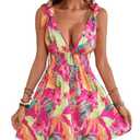 GORGLITTER Women's Floral Tropical Bow Tie Mini Dresses V Neck Sleeveless Open Back Flowy Dress Summer Beach Dress 2025 Hot Pink