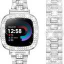 Dsytom Bling Stylish Watch Band Compatible With Fitbit Versa 4, Sense 2, Versa 3, Sense - Cute Strap With Rhinestone Protective Case Cover for Women (Silver)