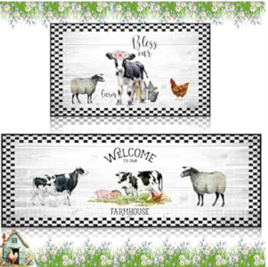 Bencailor Sets of 2 Christmas Cow Kitchen Rugs and Mats Non Slip Kitchen Rugs Washable Buffalo Plaid Farmhouse Door Mats for Xmas Winter Home Floor Bathroom Cabin Decor, 29 x 17 inch and 47 x 17 inch