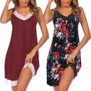 Ekouaer Womens Nightgown 2 Pack Nightgown V Neck Lace Sleepwear Sleeveless Chemise Women's nightgowns & sleepshirts (Large, Wine Red+black Flower)