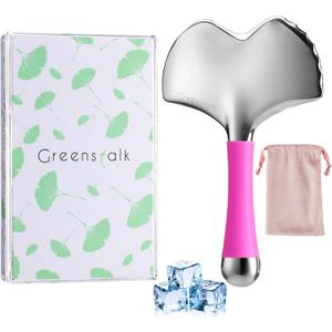 Greenstalk Stainless Steel Gua Sha Facial Tool for Women2-in-1 Cooling Massager & Ice Roller with Handle, Built-in Anti-Freeze Liquid for Skincare, Lifting, and Puffiness Relief