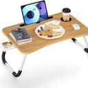 Foldable Laptop Bed Table Tray, Folding Lap Desk with Cup Holder, Portable Serving Breakfast Tray with Storage Drawer/Tablet Stand/for Working, Writing, and Eating on Bed, Sofa, Floor - Natural