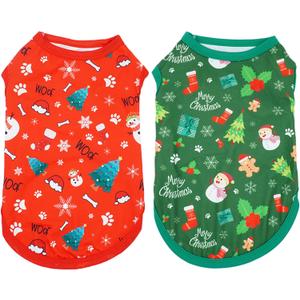 2pcs/Pack Dog Shirts Sleeveless Vest for Extra Small Dog Red Green Light Soft Breathable Outfit Paw Print Snowman Christmas Tree Merry Christmas Boy and Girl XS