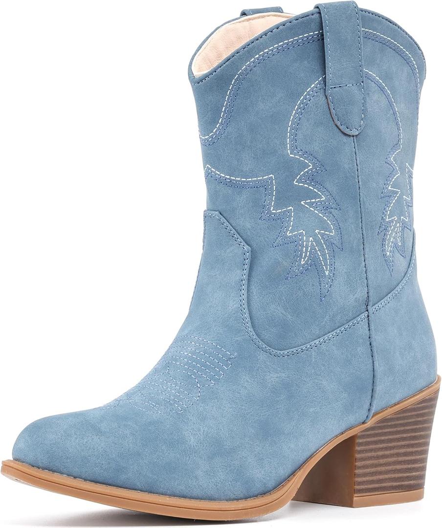 IXU Cowboy Boots for Women Ankle Cowgirl Booties Wide Mid Calf Pointed Toe Western Boots Short Chunky Classic Booties (8.5, Blue)