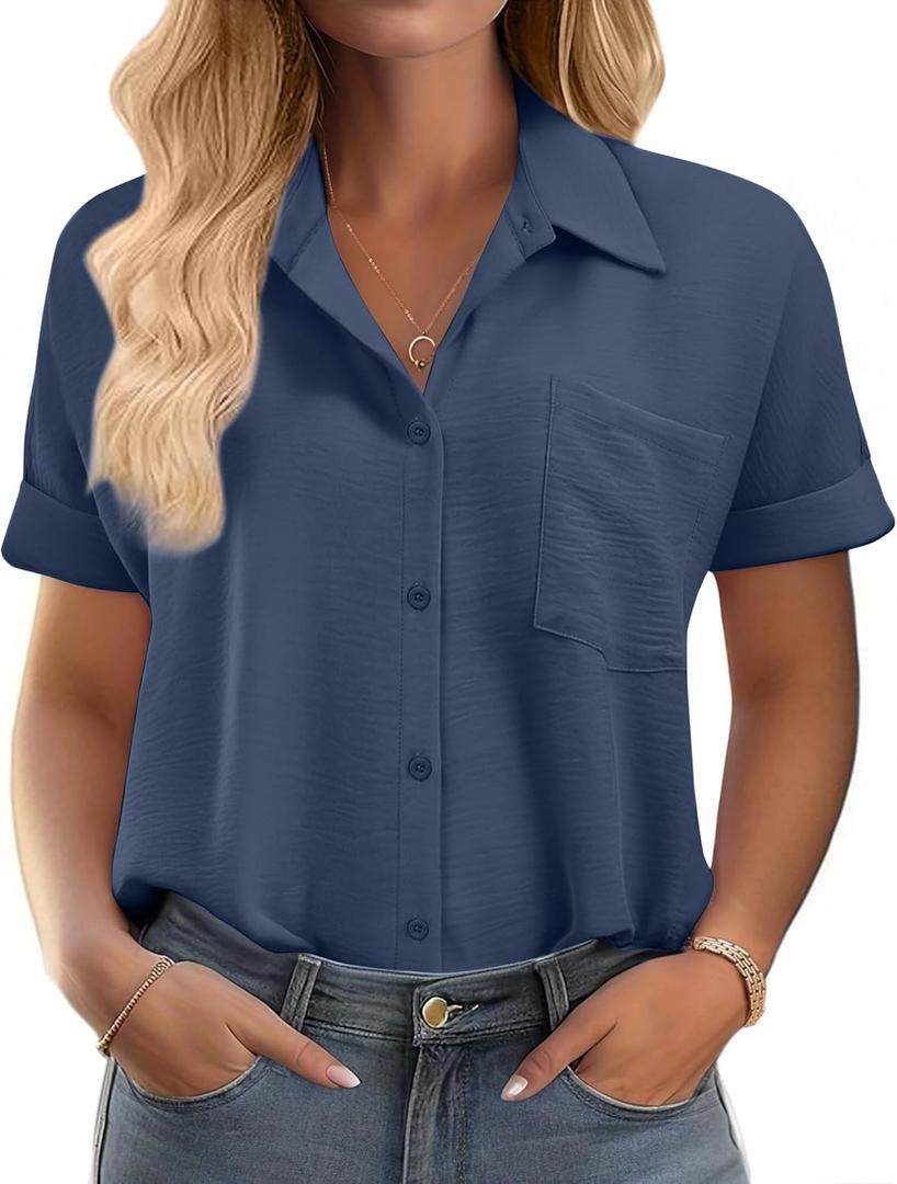 IN'VOLAND Womens Plus Size Shirts Short Sleeve Button Down Shirts V Neck Casual Blouses Tops (22 Plus, Navy)