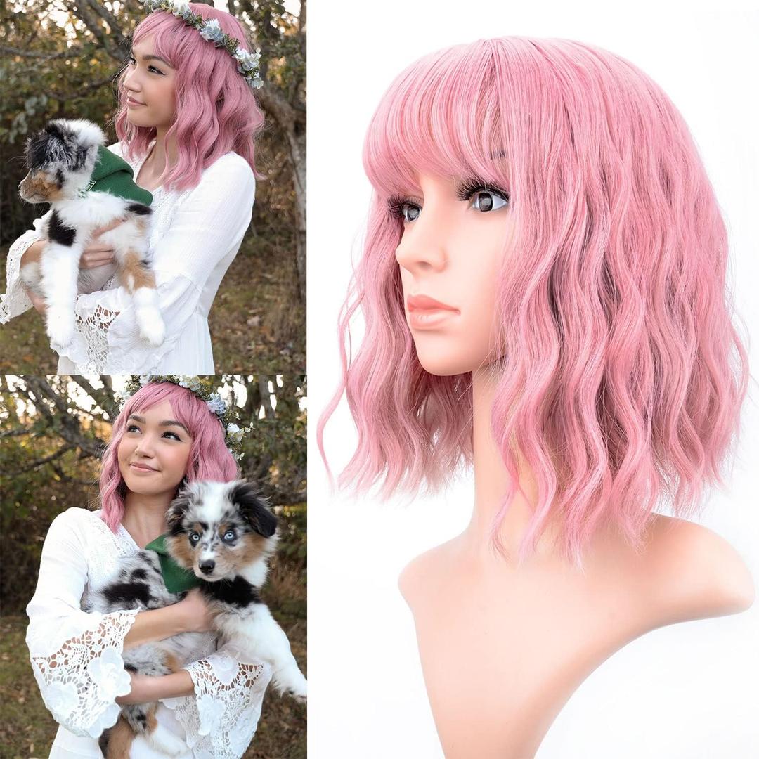 VCKOVCKO Pastel Wavy Wig With Air Bangs Women's Short Bob Purple Pink Wigs Curly Wavy Shoulder Length Pastel Synthetic Bob Wig for White Women Girls Daily Use Colorful Wigs(12", Purple Pink)