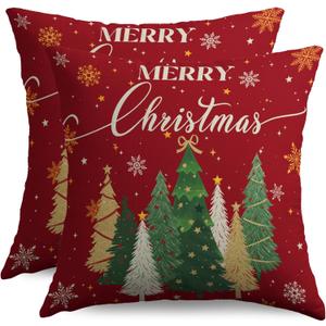 Merry Christmas Pillow Covers 18X18 Set of 2, Xmas Tree Snowflake Dark Red Winter Holiday Decorative Throw Pillowcases Outdoor Farmhouse Seasonal Cushion Cases Couch Sofa Bed Decor