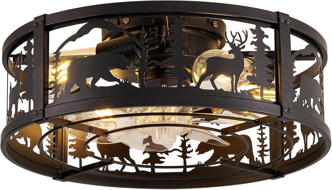 Farmhouse Rustic Caged Ceiling Fan with Light Flush Mount, Black Chandelier Low Profile Ceiling Fans with Lights and Remote, Bear and Deer Design Fandelier for Bedroom, Living Room, Kids Room, Cabin