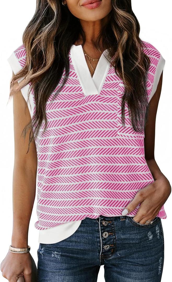Dokotoo Women's Summer Short Cap Sleeve Sweaters Tops Casual Striped Color Block V Neck Polo Knit Shirts Blouses (Pink, XL)