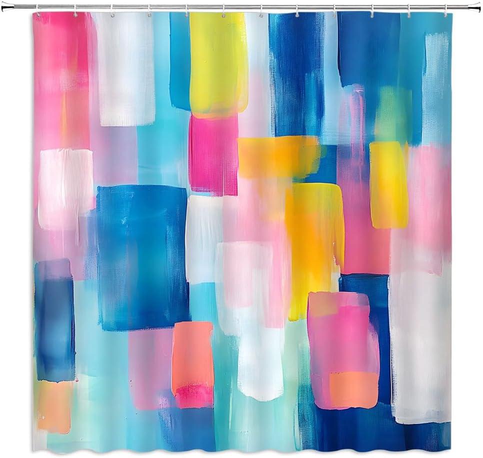 Colorful Watercolor Abstract Shower Curtain Blue Pink Teal Oil Painting Ombre Geometric Aesthetic Minimalist Modern Girls Women Bathroom Decor Curtain with Hooks,70Wx70L