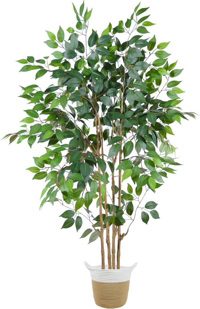 Warmplants Artificial Ficus Tree, 5ft Tall Silk Fake Ficus Leaves Plant with Basket, Indoor Outdoor Faux Greenery Tree for Home Garden Office House Livingroom Dcor