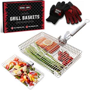 AVIEUS Grill Grill Baskets for Outdoor Grill | 2 Grilling Baskets with Detachable Handle | Barbecue Grill Set with BBQ Gloves | Portable Camping Net Rack Perfect for Vegetables, Seafood & Meat