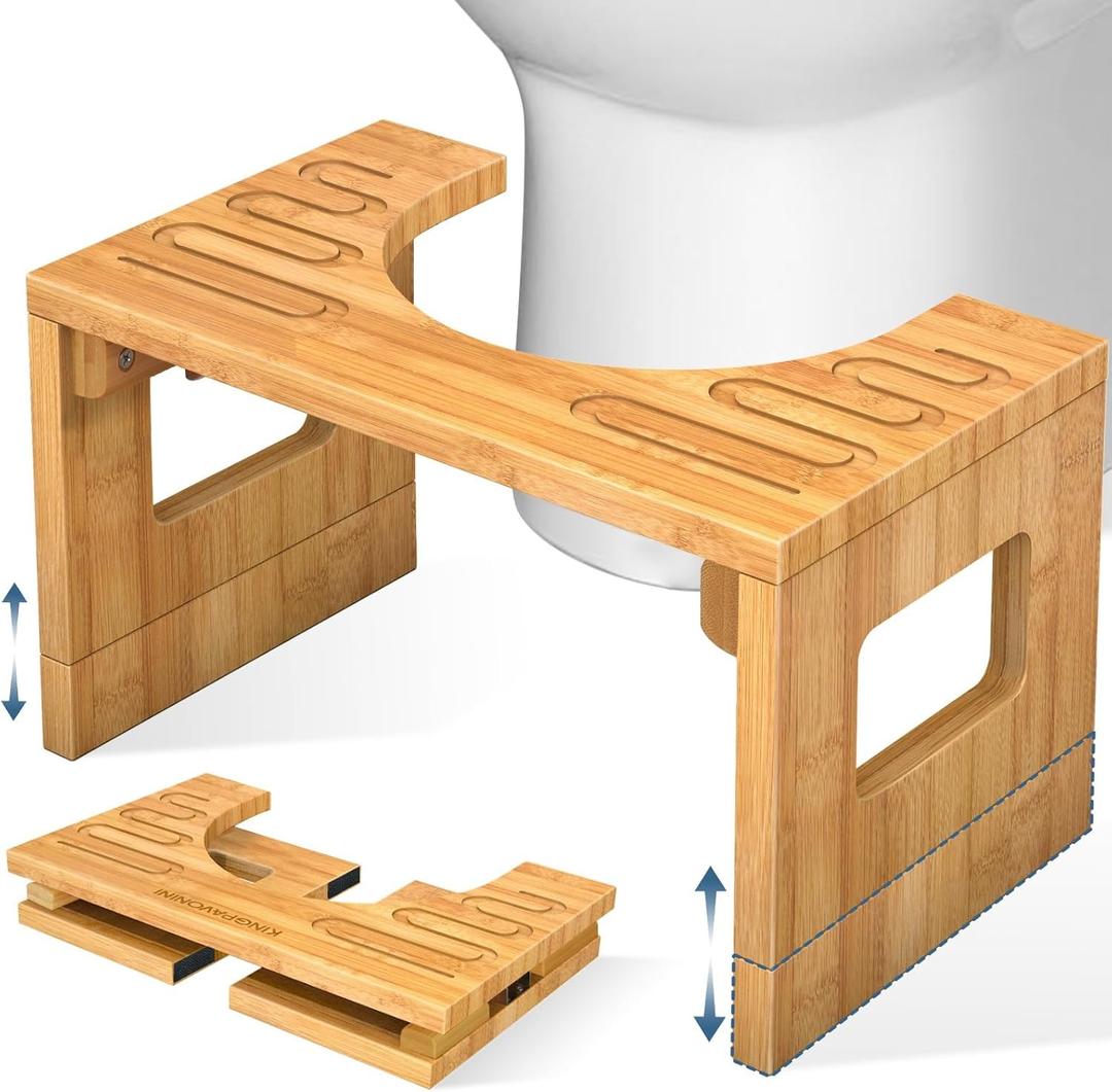 Bamboo Toilet Stool Squat 7in & 9in Heights Adjustable, Foldable Poop Stool for Adult, Potty Stool for Bathroom with Non-Slip Grooves Portable, Space-Saving, 400 lbs Capacity (Upgrade)