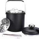flybold Small Ice Bucket for Parties - Ice Bucket with Lid for Cocktail Bar - Double Walled Ice Container - Portable Chiller Bin Basket - Insulated Buckets for Indoor or Outdoor - Ice Cube Holder (Stainless Steel Black)