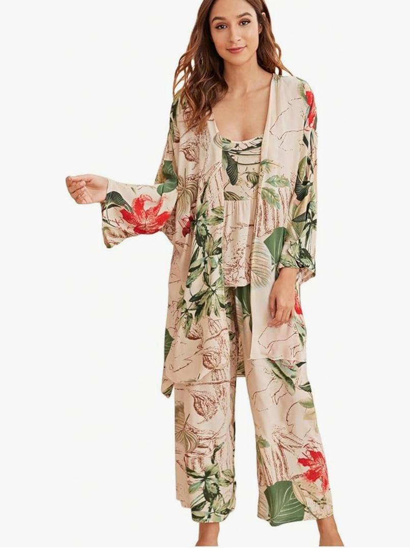 WDIRARA Women's 3 pcs Sleepwear Leaf Print Cami and Pants Pajama Set with Robe Xl