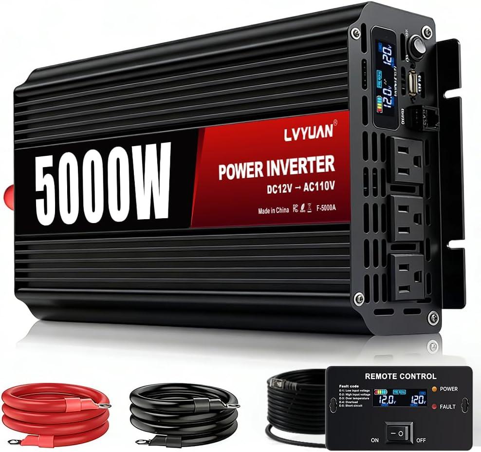 5000 Watt Power Inverter 12v to 110V/120V Converter Peak Power 10000W with 3 AC Outlets,1 USB Port, Remote Controller & LCD Screen DC to AC Inverter for RV Camping Off-Grid Solar Inverter Systems