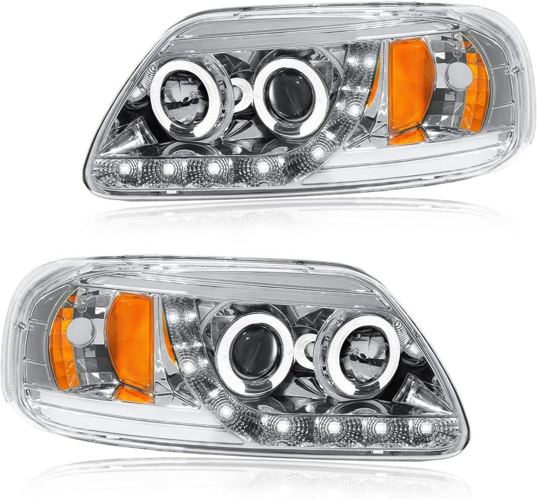 LED DRL Headlight Assembly, Fit 1997-2003 Ford F150/ 2004 Ford F150 Heritage/97-99 Ford F250 Light Duty/97-02 Ford Expedition Projector Pair of Left & Right Side Chrome Housing Amber Reflector