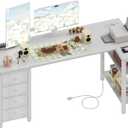 Lufeiya White L Shaped Desk with Drawers & Storage Shelves, 55 Inch Corner Computer Desk with Power Outlet for Home Office Bedroom, L-Shaped Teen PC Desks with Fabric Drawer, White
