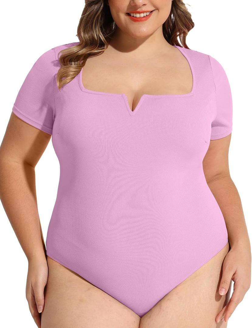 FOREYOND Plus Size Bodysuits for Women Short Sleeves Square Neck Body Suit Tops Casual Basic Slim Fit Shirts Leotards (Purple) 4XL