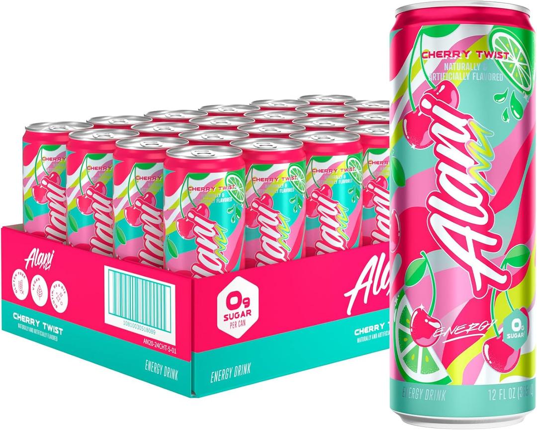 Alani Nu CHERRY TWIST, Sugar Free, Low Calorie Energy Drinks, 200mg Caffeine, Biotin, B Vitamins, Zero Sugar, 15 Calories, 12 Fl Oz Cans, 24 Pack (EXP 11/01/27)