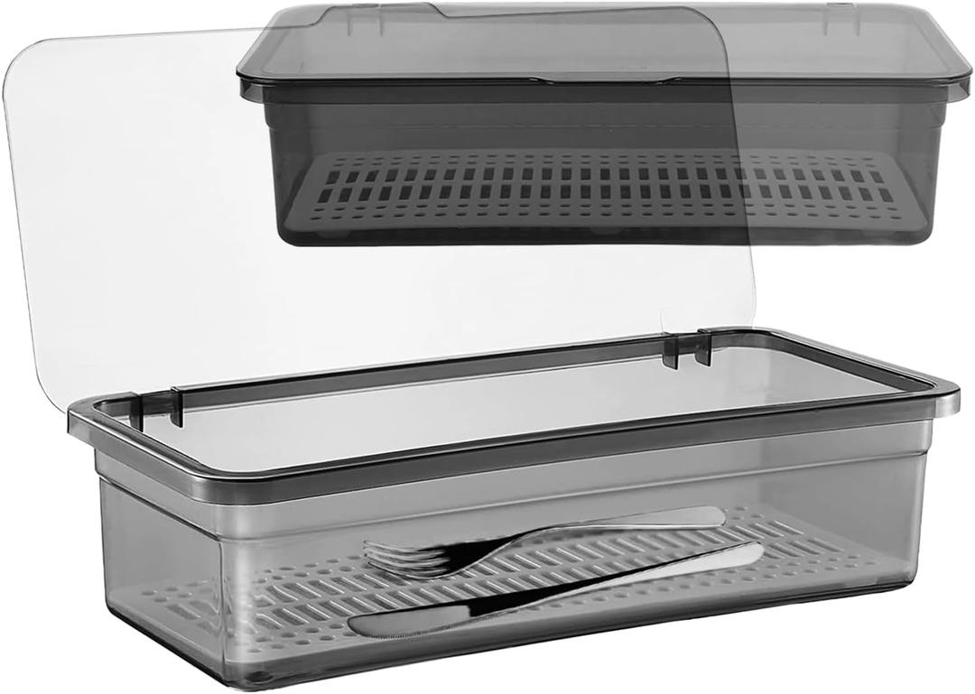 SUNSHNO 2PCS Flatware Tray with Lid and Drainer, Tableware Utensil and Cutlery Drawer Organizer with Lid Covered Silverware Tray to Keeps Your Cutlery Organized and Protected