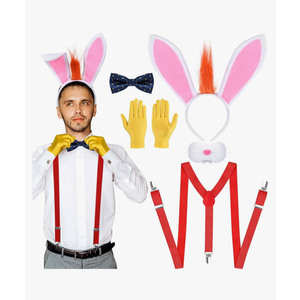 5 Pcs Bunny Costume Include Rabbit Ear Headband with Bunny Nose Mask Bow Tie Yellow Gloves Red Adjustable Suspender Rabbit Accessories for Men Women Halloween Dress up Cosplay