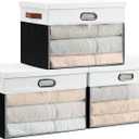 Fabric Clear Window Storage Bins with Lid, Closet Storage Box Linen Closet Baskets with 3 Handles for Organizing Clothing, Jeans, Shelves 17''- 3 Pack (Black and White)