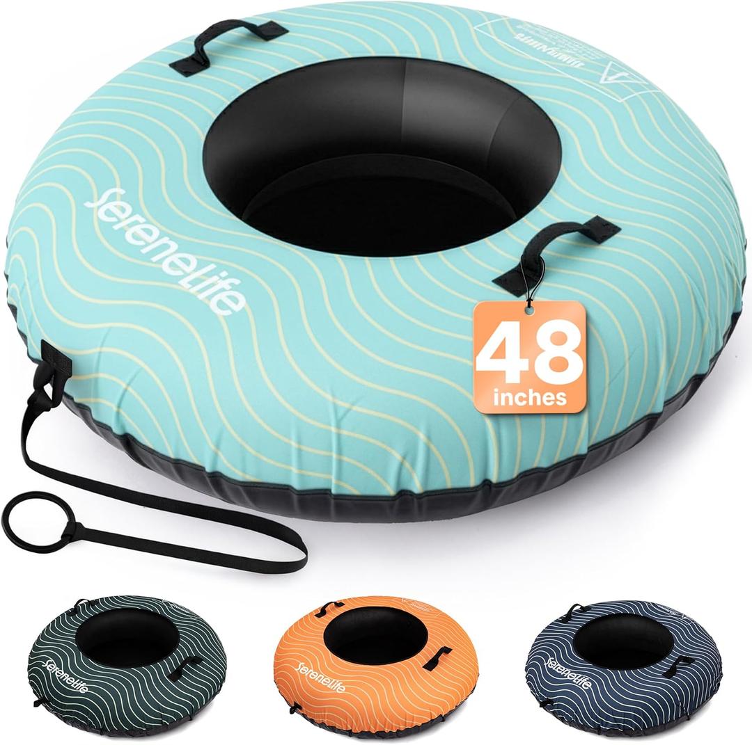 SereneLife 44"/48'' Snow Tube for Sledding - Heavy Duty Rubber Inner Tube, Oxford Cover, Thickened PVC Bottom & Tow Strap - Inflatable Snow Sled for Kids & Adults - Perfect Winter Outdoor Fun Gift