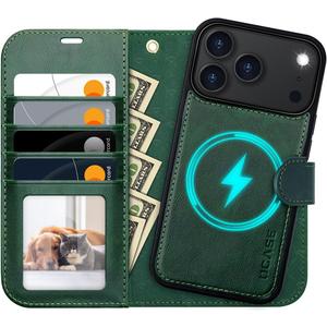 OCASE for iPhone 17 Pro Max Detachable Wallet Case with Card Holder, 2 in 1 PU Leather Flip Folio with RFID Blocking Stand Wrist Strap Shockproof Phone Cover 6.9 Inch 2025, Blackish Green