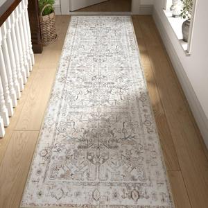 jinchan Hallway Runner Rug 2x10 - Kitchen Washable Rug Floral Runner Non Slip with Rubber Backing Ultra-Thin Vintage Carpet for Bedroom Laundry Room Living Room (2x10ft,Taupe)