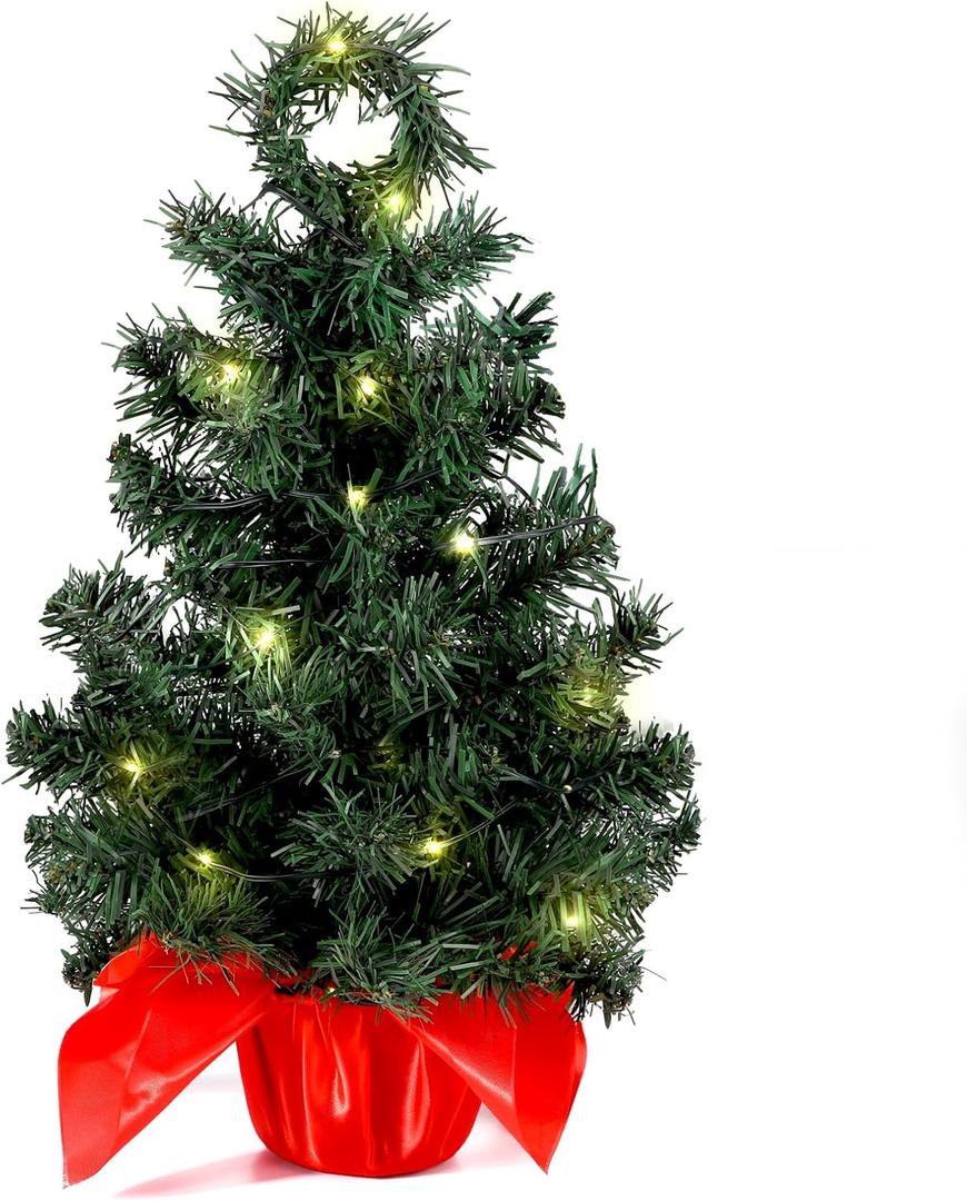 Tabletop Christmas Tree with Lights(50 Pcs), 2 Ft Mini Pine Artificial Xmas Tree Ideal for Home Desktop Bedroom Xmas Party Decor Lighted Tree