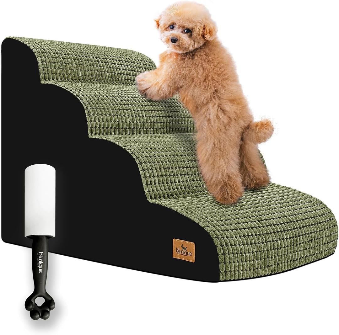 Dog Stairs for Small Dogs, 20.5 in H 4 Step Curved Dog Ramp for High Bed and Couch, Foam Dog Ramp with Durable Non-Slip Waterproof Fabric Cover, Pet Stairs for Pets Joints, Green